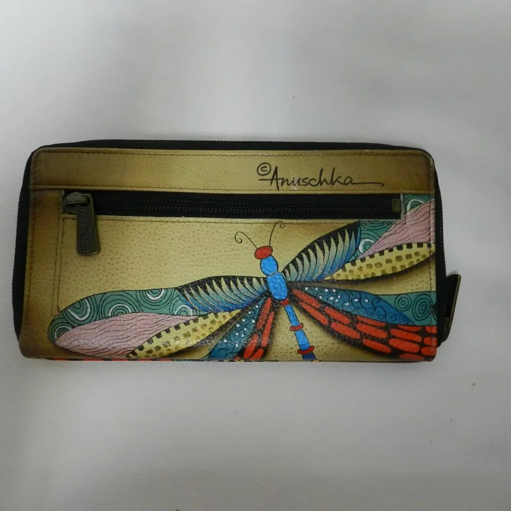 Anuschka Leather Butterfly clutch Zip around Hand painted wallet 8.5